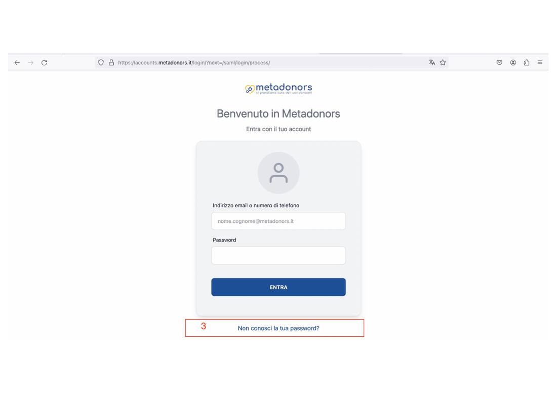 Pagina di accesso account Metadonors, link Non conosci la tua password