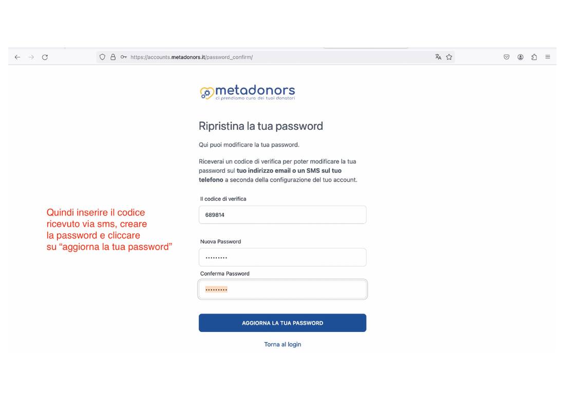 Inserimento codice di verifica e nuova password