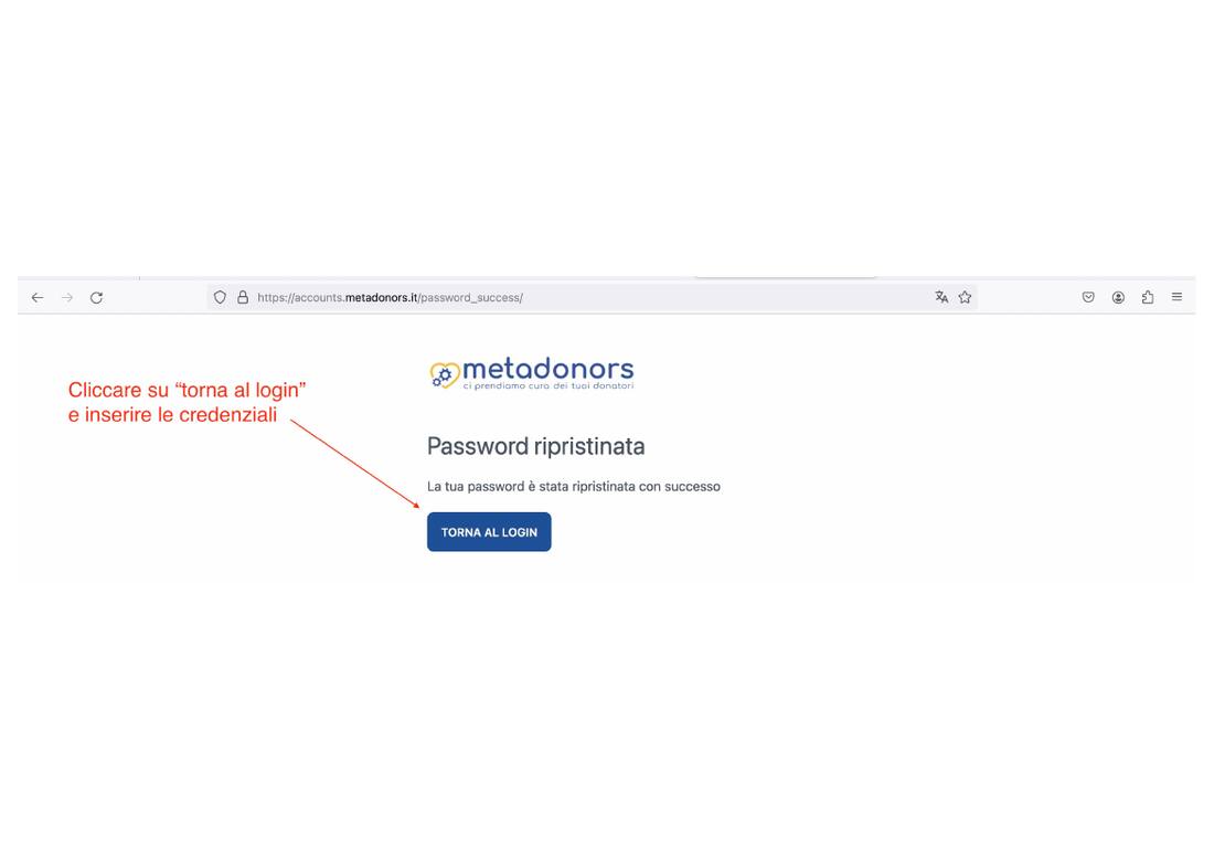 Conferma password ripristinata, pulsante Torna al login