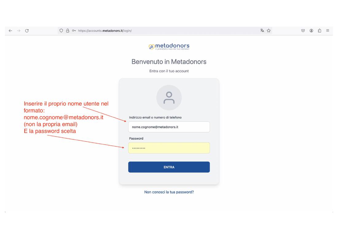 Login con nome utente formato nome.cognome@metadonors.it