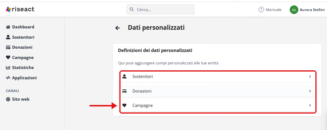 Dati personalizzati: sostenitori, donazioni e campagne