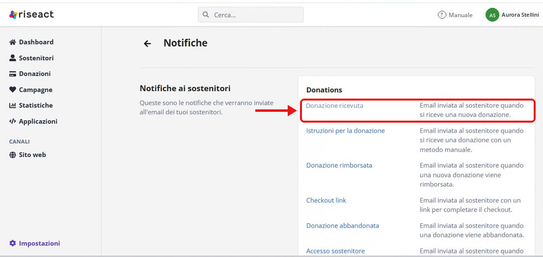 Impostazioni Notifiche con l'elenco delle email ai sostenitori