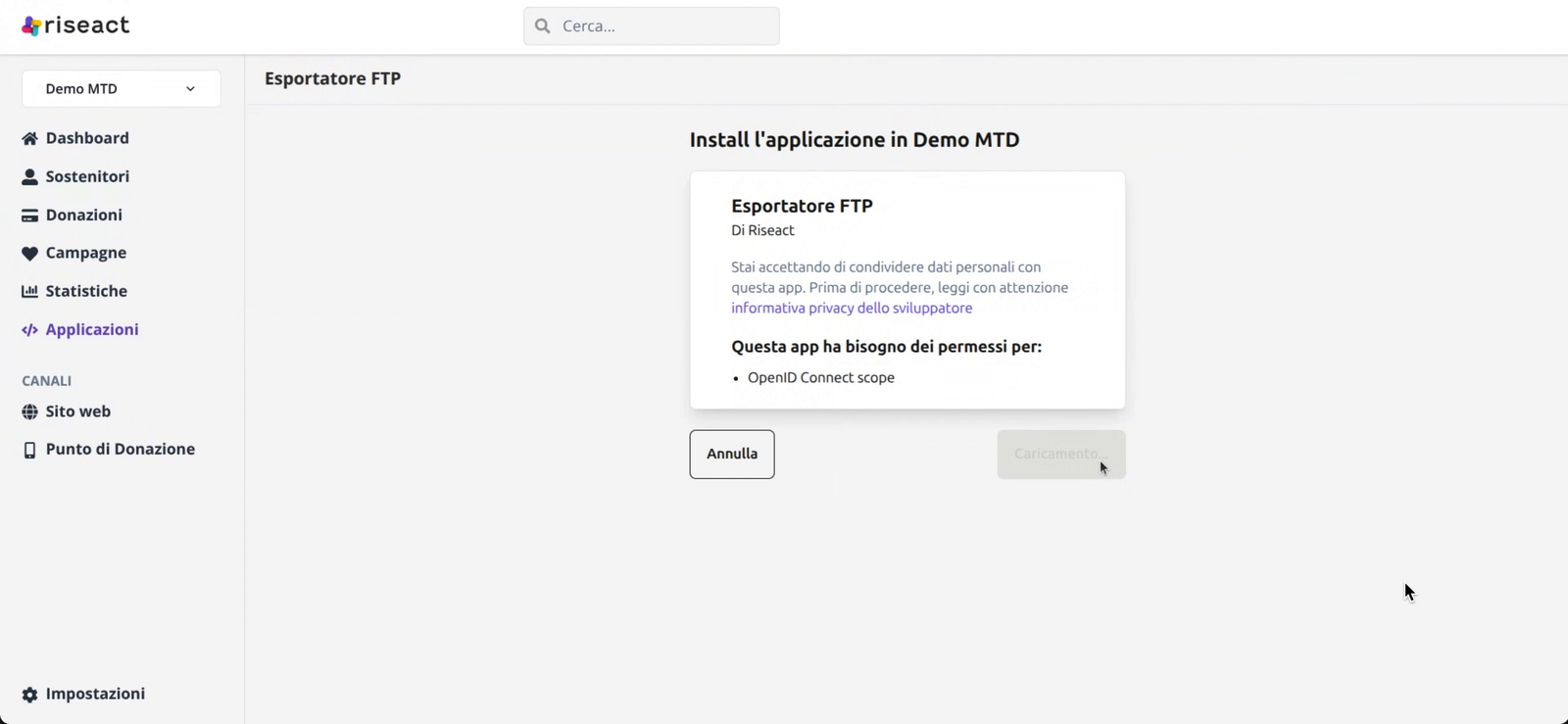 Richiesta di autorizzazione all'installazione dell'Esportatore FTP