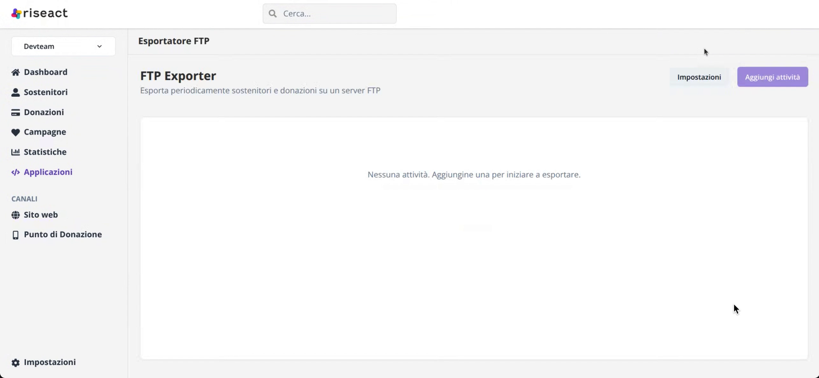 Pagina FTP Exporter senza attività