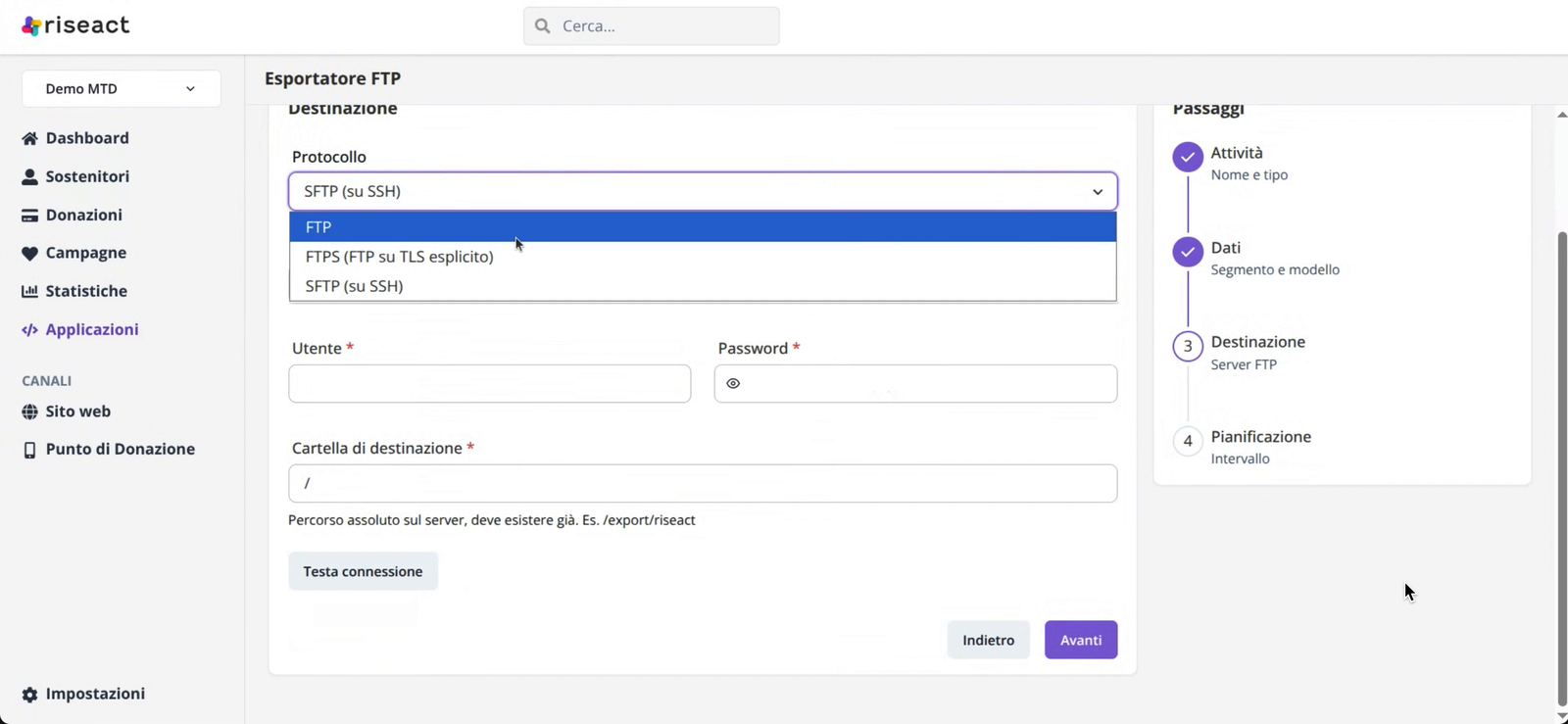 Passaggio Destinazione: protocollo e dati del server FTP