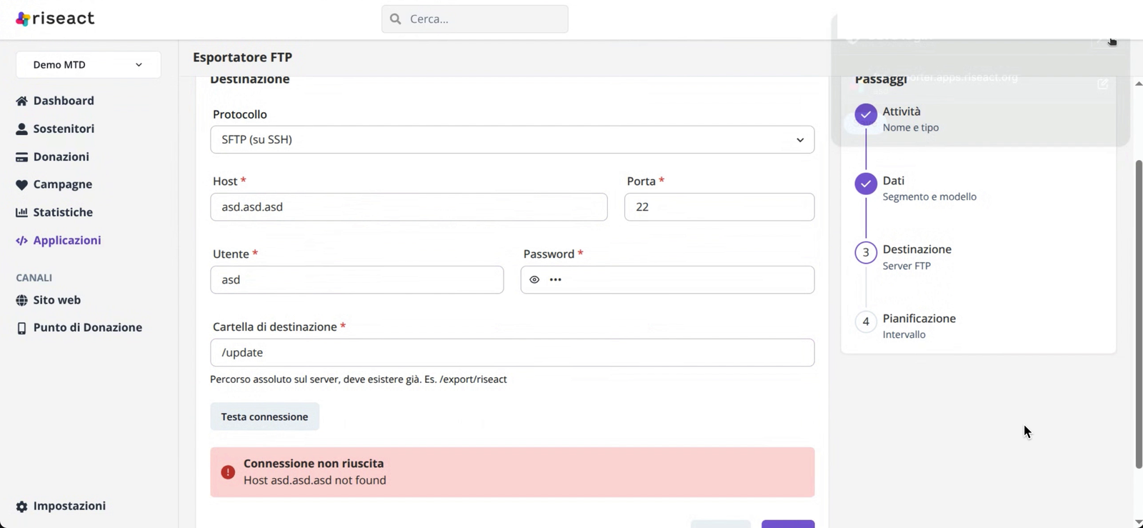 Esito negativo del test di connessione FTP