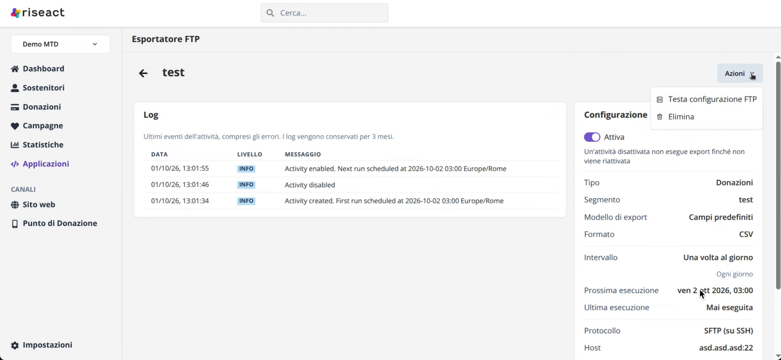 Dettaglio di un'attività con log, configurazione e menu Azioni