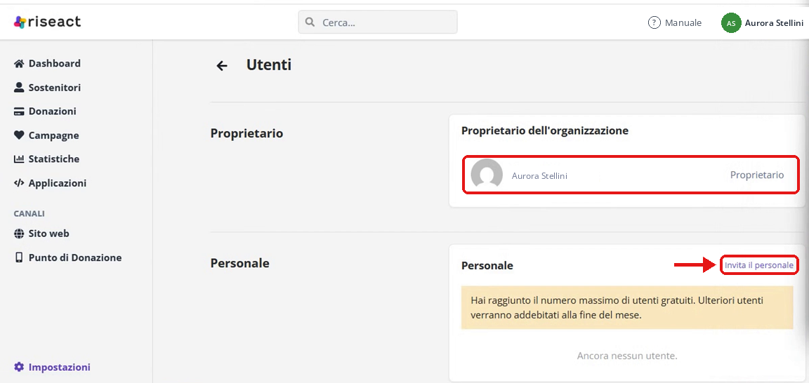 Impostazioni Utenti con proprietario, personale e link Invita il personale